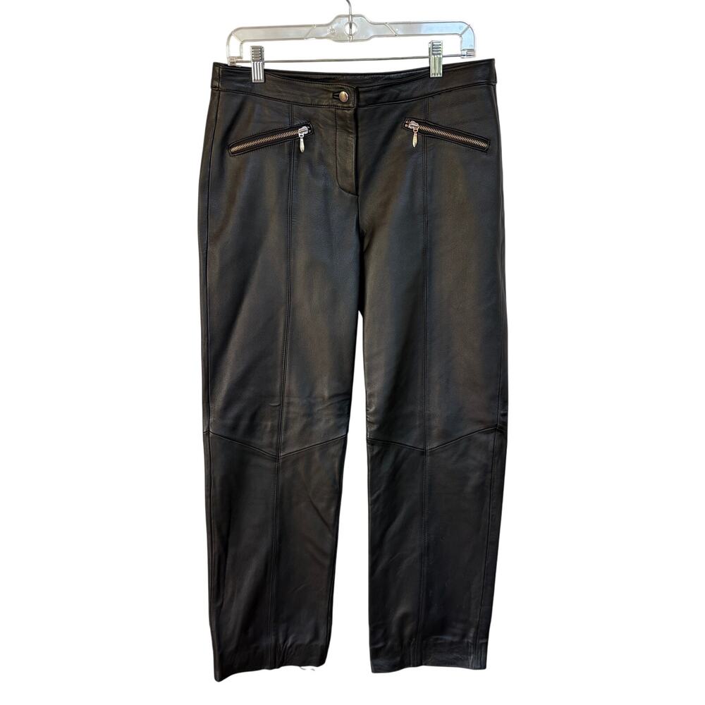 Black Leather Pants Silver Zipper Pocket Straight Leg Biker Grunge Alt Moto